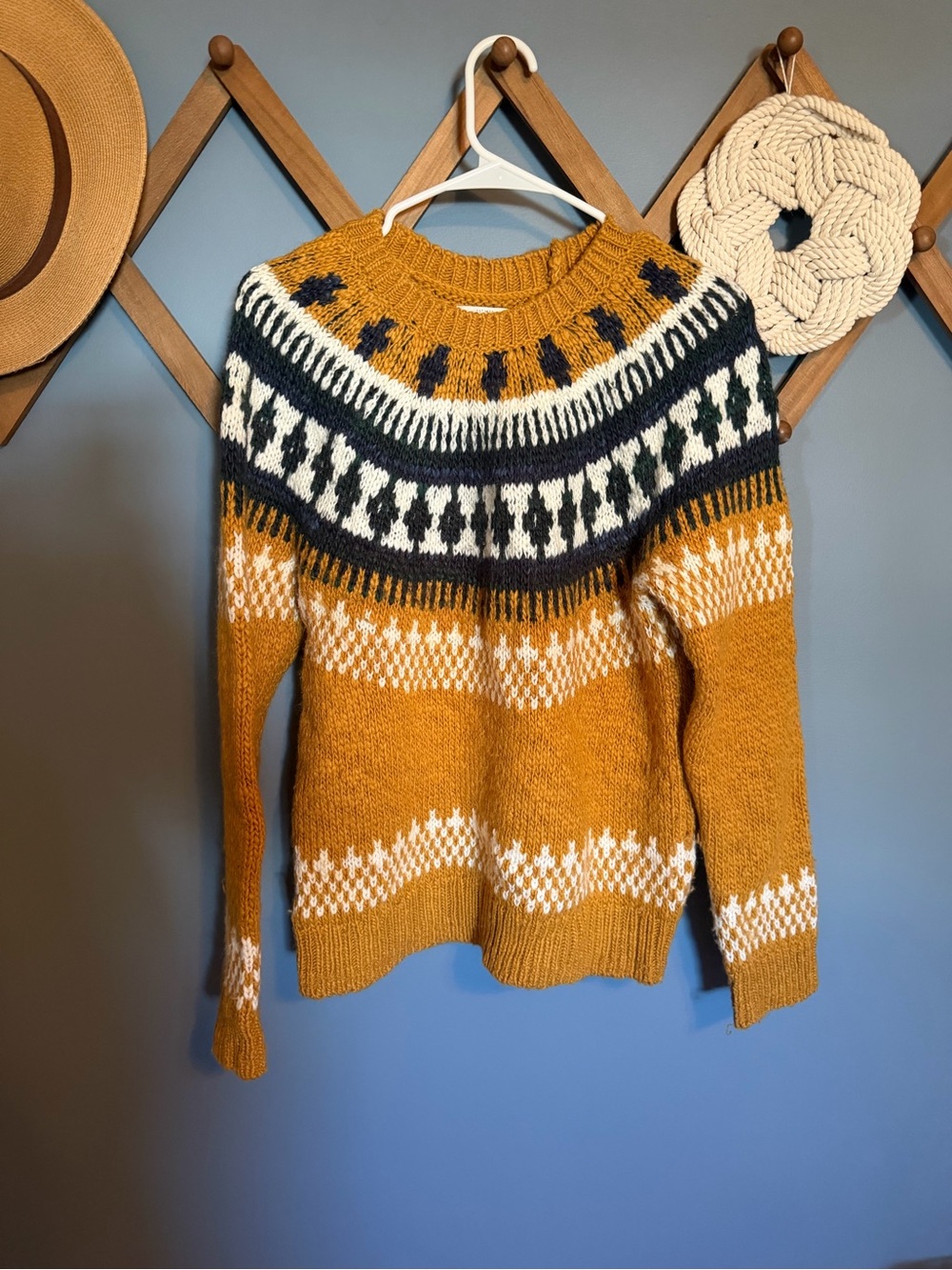 Lucky Brand Mustard Fair Isle Crewneck Sweater with Navy & Cream Accents